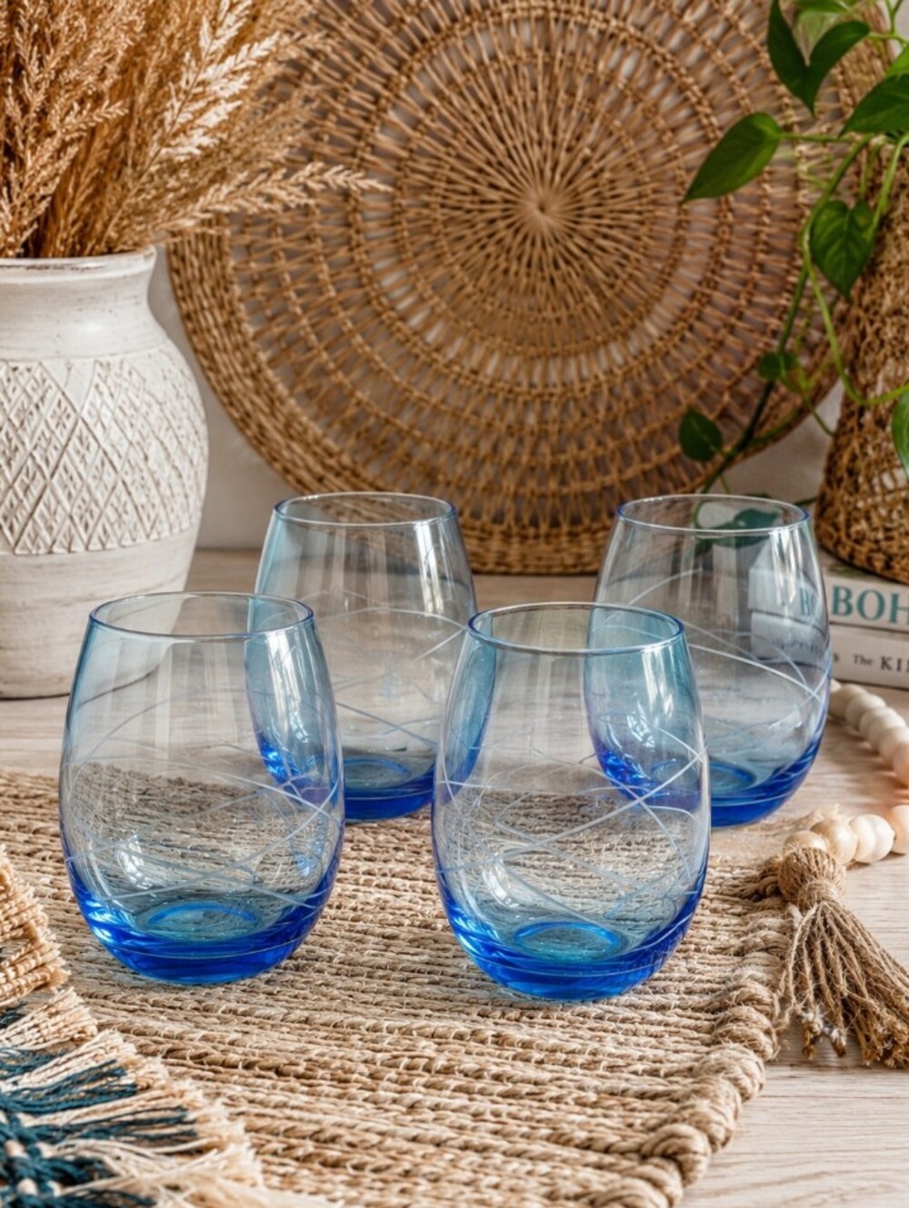 pier 1 imports hand blown blue art glass tumblers set  4 swirl stemless glasses